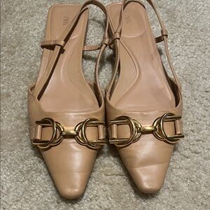 Zara Beige Slingback Flats with Gold Detail